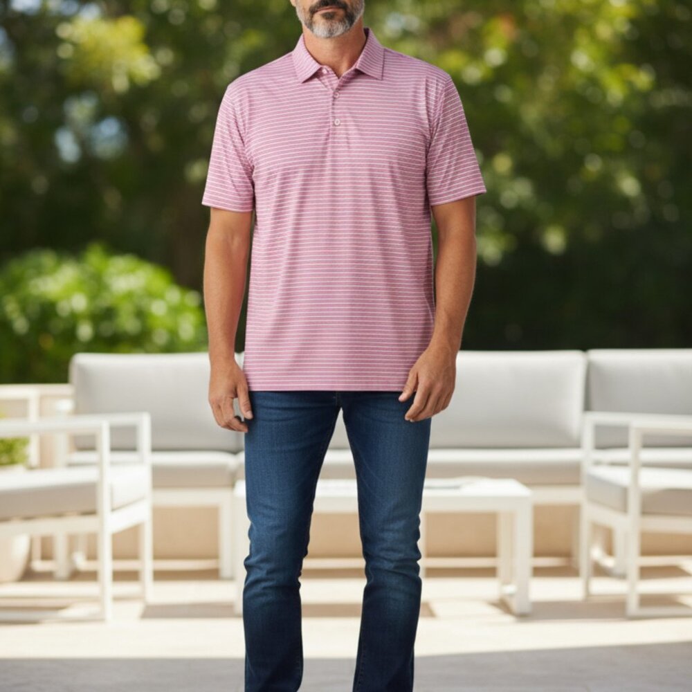 Peter Millar Crown Crafted Polo Shirt XL Pink Navy Striped Short Sleeve Golf Cas